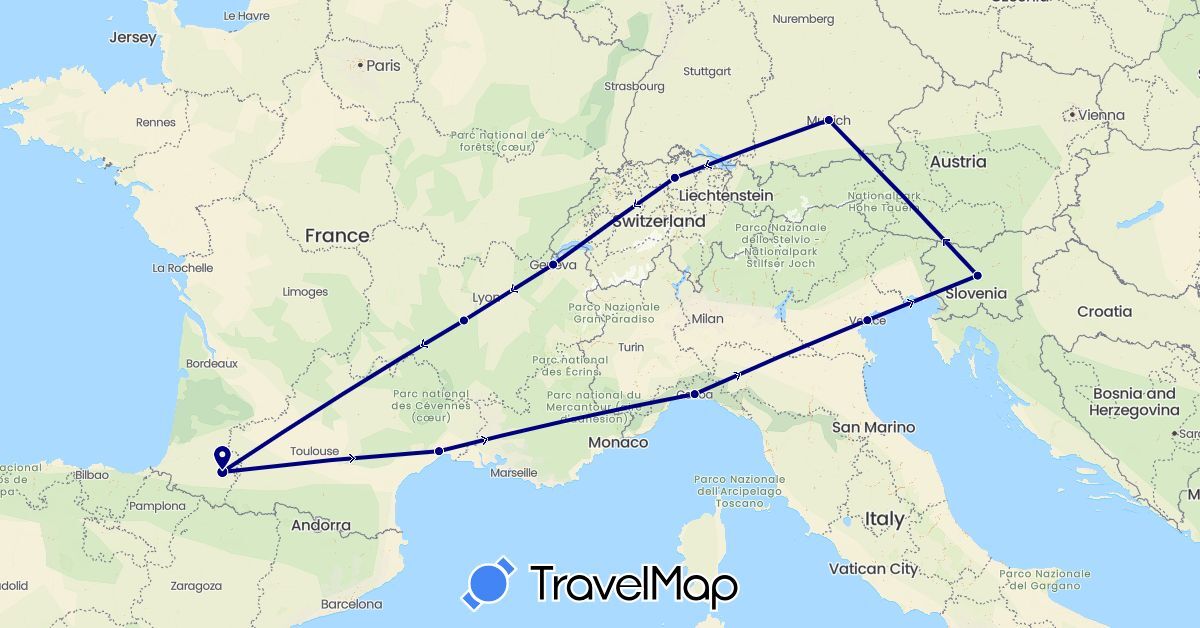 TravelMap itinerary: driving in Switzerland, Germany, France, Italy, Slovenia (Europe)